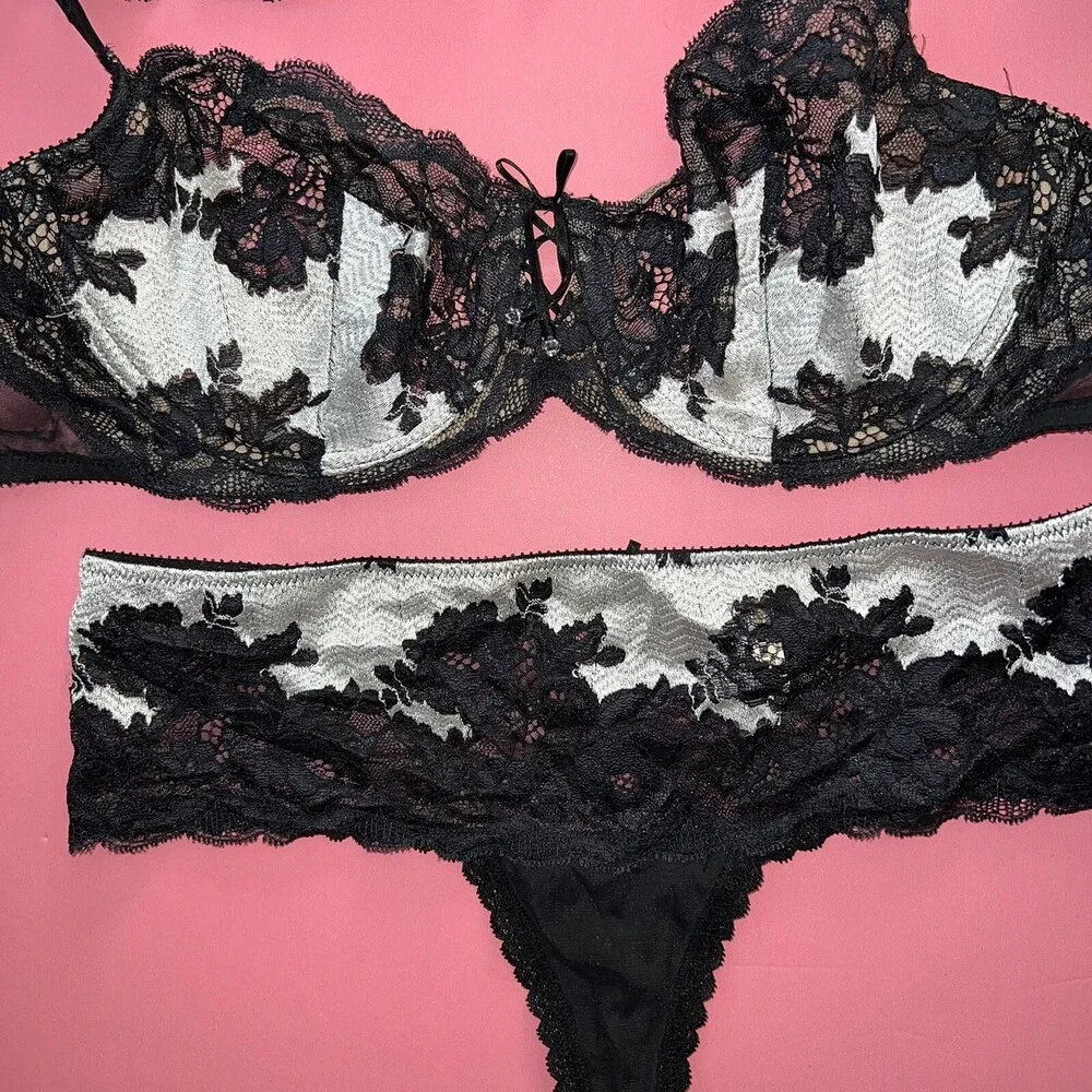 Victoria's Secret 36D BRA SET+M SLING+CORSET Black White Silver Sexy Seduction